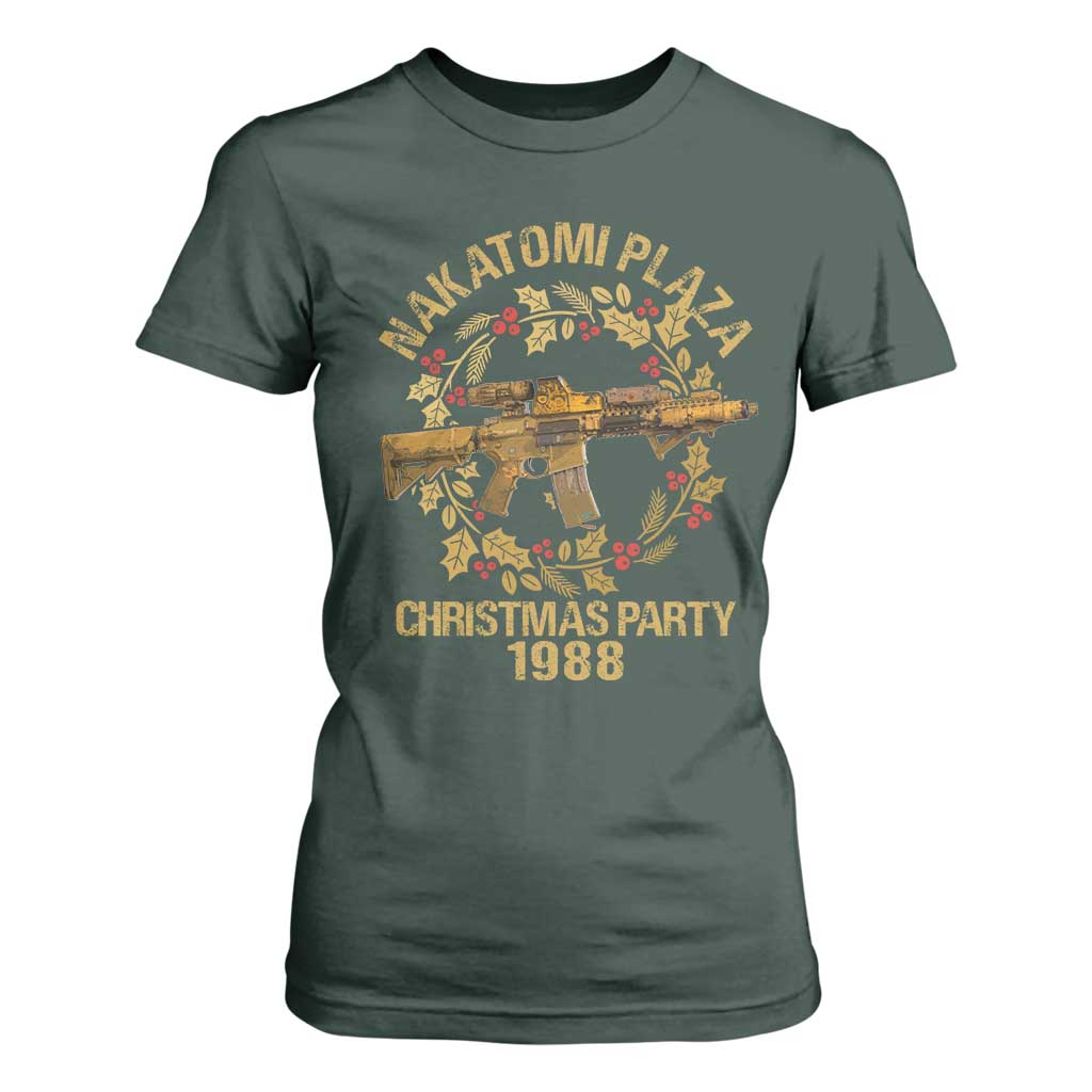 Nakatomi Plaza Christmas Party T Shirt For Women American Patriotic Gold Holly Wreath Machine Gun TS09 Dark Forest Green Print Your Wear
