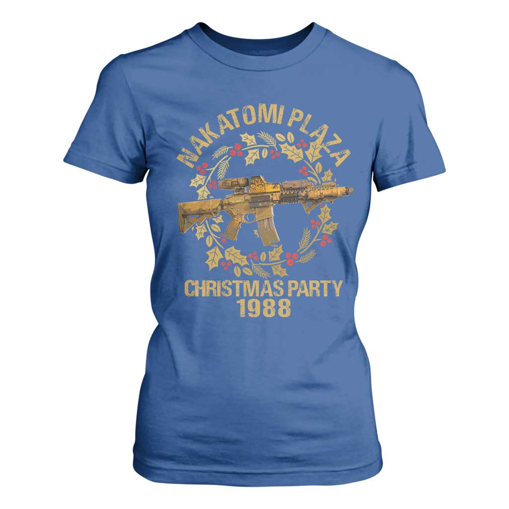 Nakatomi Plaza Christmas Party T Shirt For Women American Patriotic Gold Holly Wreath Machine Gun TS09 Royal Blue Print Your Wear