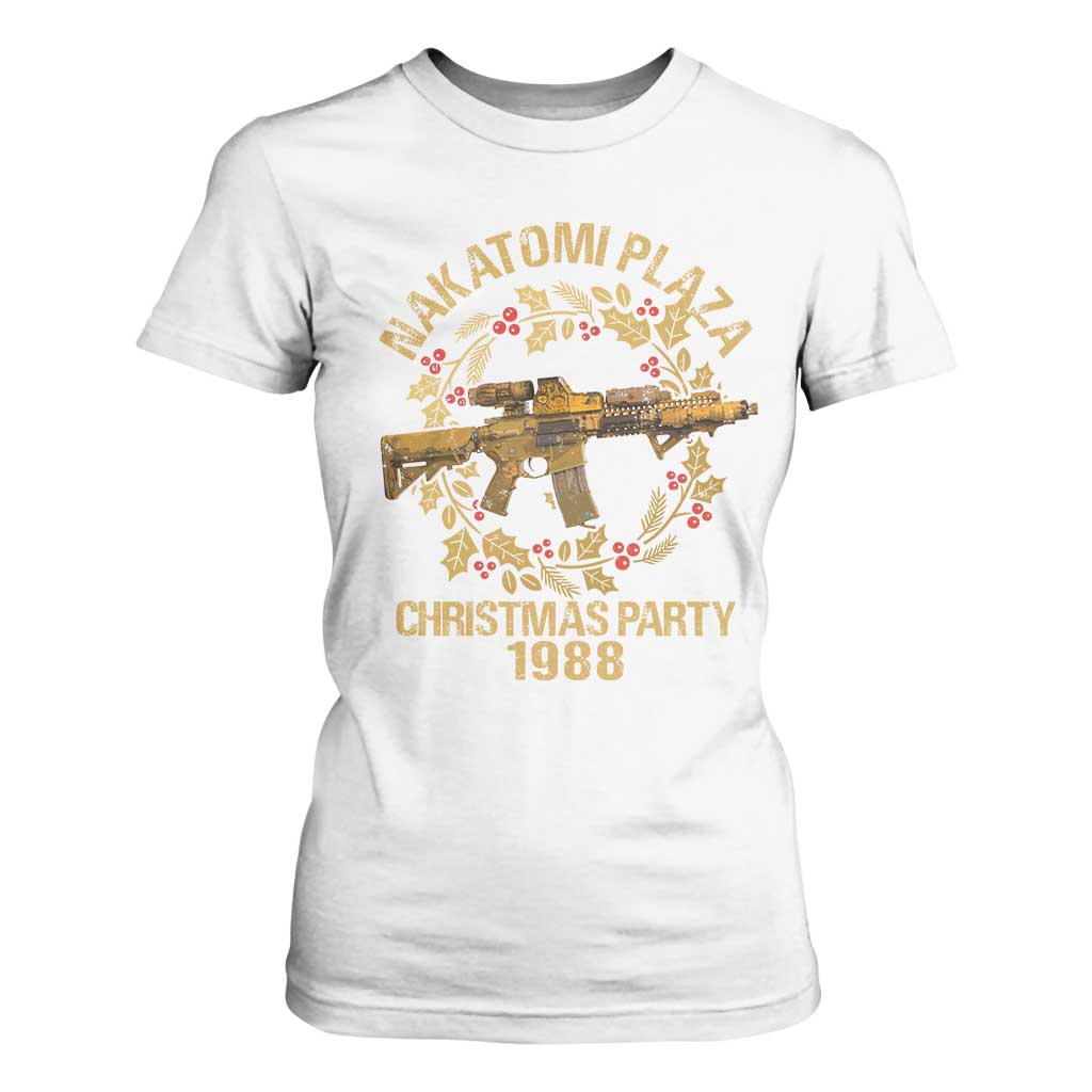 Nakatomi Plaza Christmas Party T Shirt For Women American Patriotic Gold Holly Wreath Machine Gun TS09 White Print Your Wear