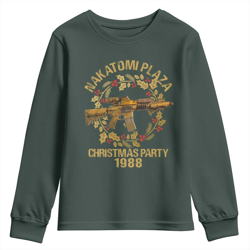 Nakatomi Plaza Christmas Party Youth Sweatshirt American Patriotic Gold Holly Wreath Machine Gun TS09 Dark Forest Green Print Your Wear