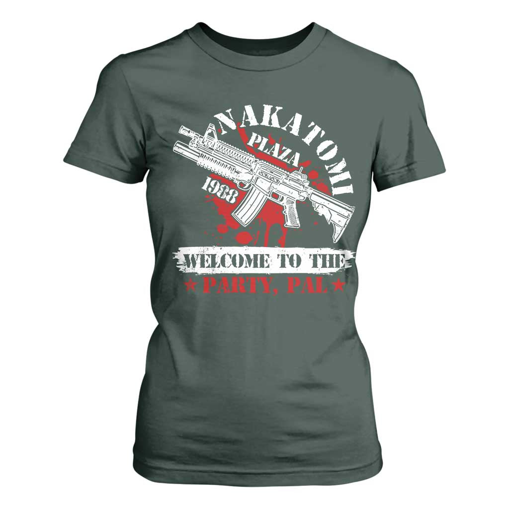 Christmas Nakatomi Plaza 1988 T Shirt For Women Welcome To The Party Pal TS09 Dark Forest Green Print Your Wear