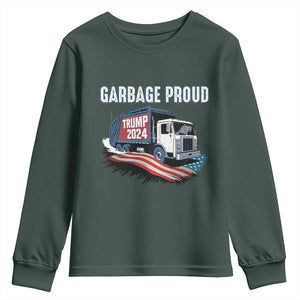 Trump 2024 Youth Sweatshirt Garbage Proud Trump Garbage Truck TS09 Dark Forest Green Print Your Wear