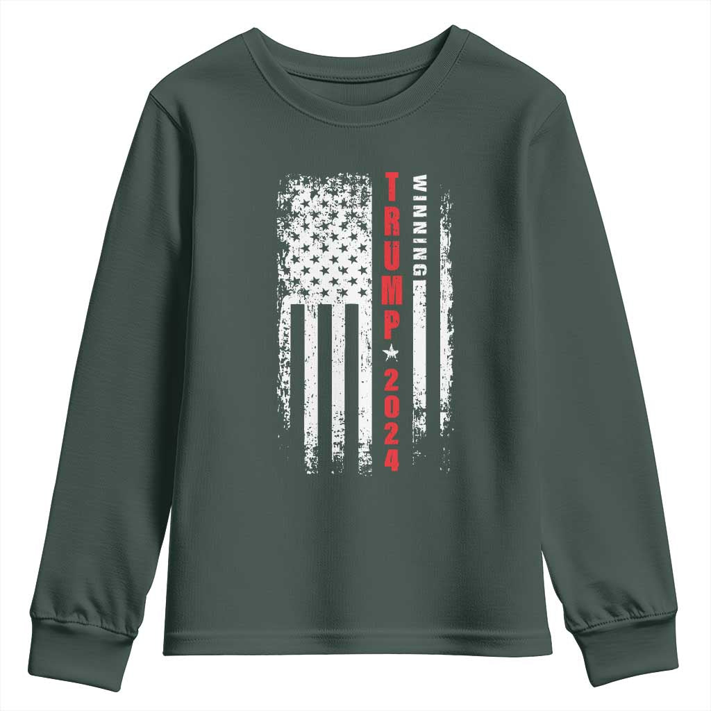 Trump 2024 Youth Sweatshirt Winning US President American Flag Patriotic TS09 Dark Forest Green Print Your Wear