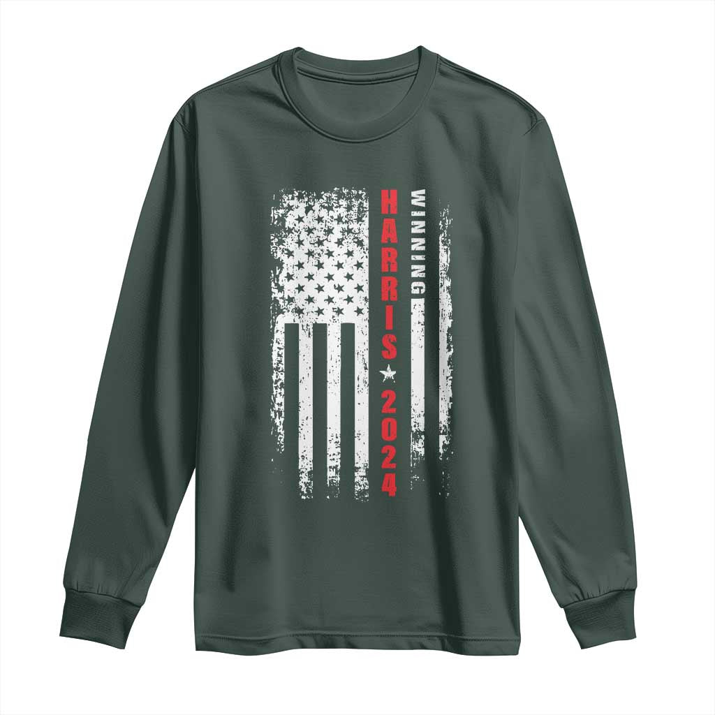 Kamala 2024 Long Sleeve Shirt Harris Winning US President American Flag Patriotic TS09 Dark Forest Green Print Your Wear
