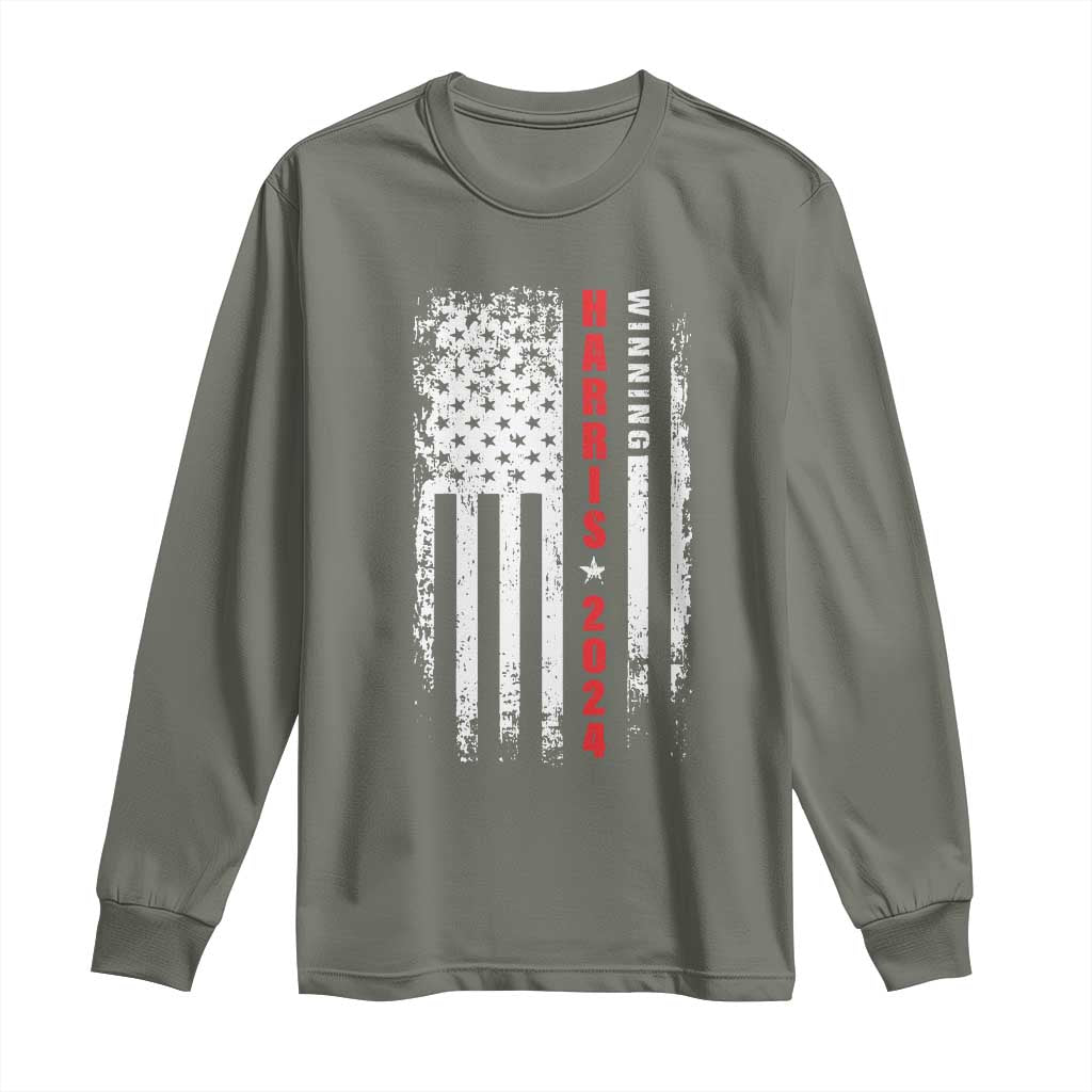 Kamala 2024 Long Sleeve Shirt Harris Winning US President American Flag Patriotic TS09 Military Green Print Your Wear