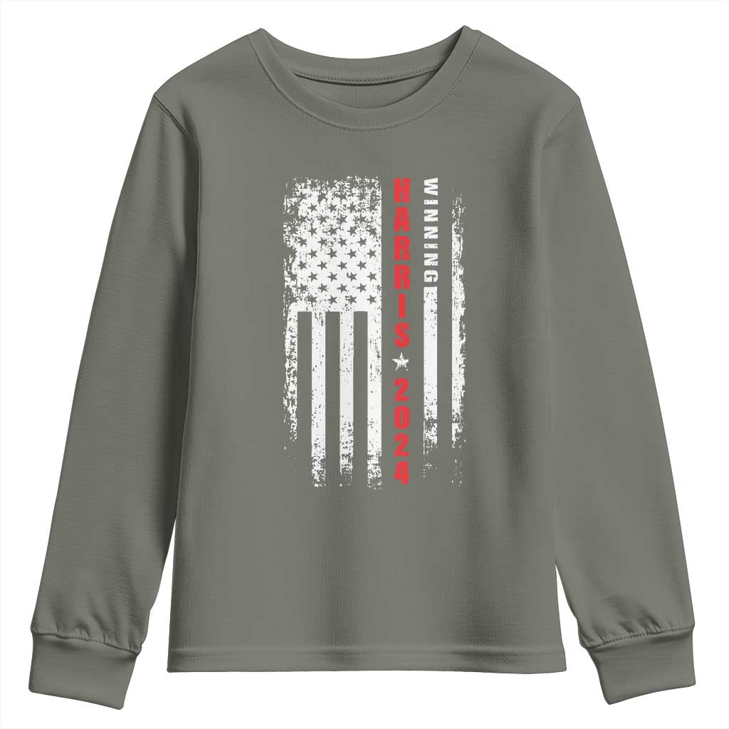 Kamala 2024 Youth Sweatshirt Harris Winning US President American Flag Patriotic TS09 Military Green Print Your Wear