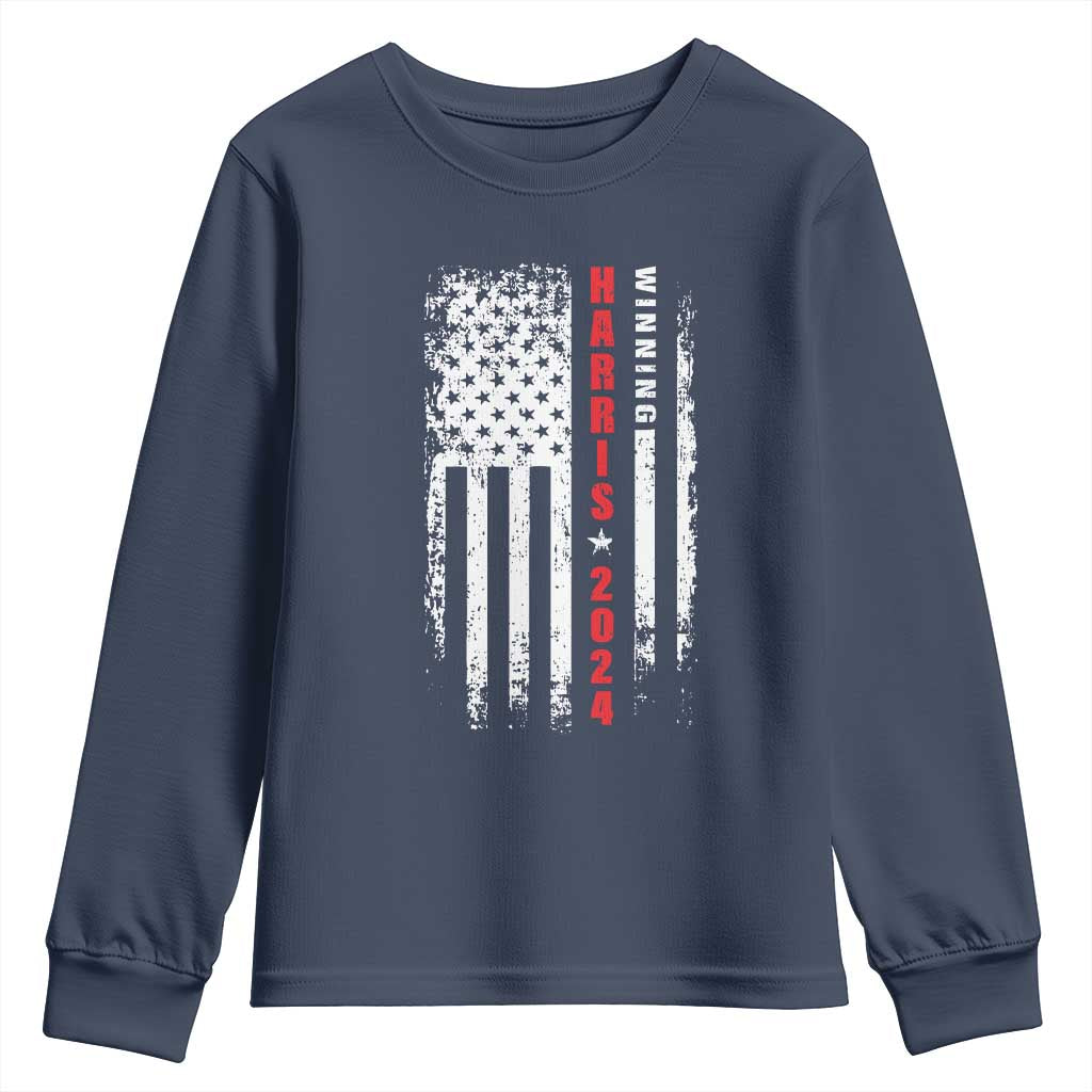 Kamala 2024 Youth Sweatshirt Harris Winning US President American Flag Patriotic TS09 Navy Print Your Wear