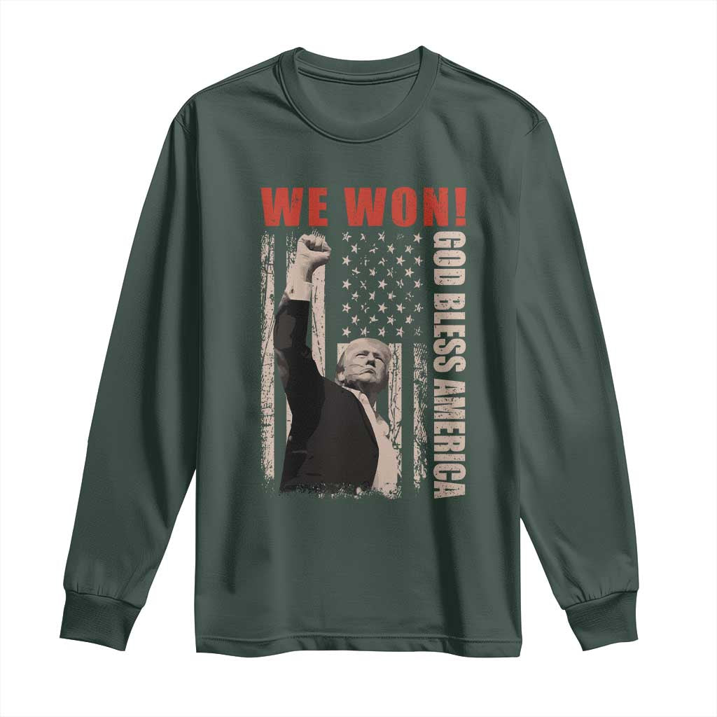 Trump 2024 Long Sleeve Shirt We Won God Bless America TS09 Dark Forest Green Print Your Wear