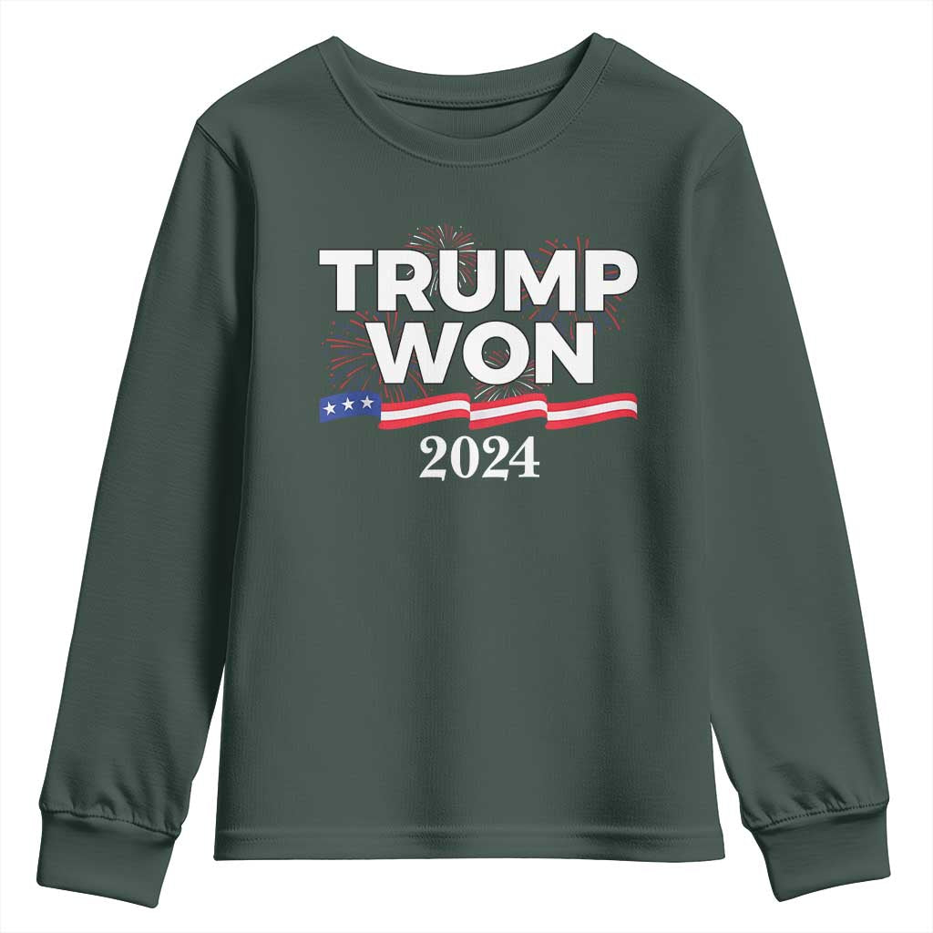 Trump Won 2024 Youth Sweatshirt US President American Firework Patriotic TS09 Dark Forest Green Print Your Wear