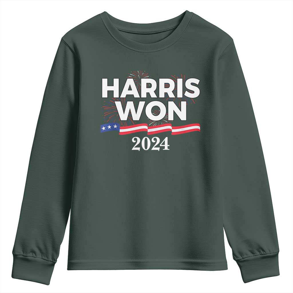 Harris Won 2024 Youth Sweatshirt US President American Firework Patriotic TS09 Dark Forest Green Print Your Wear