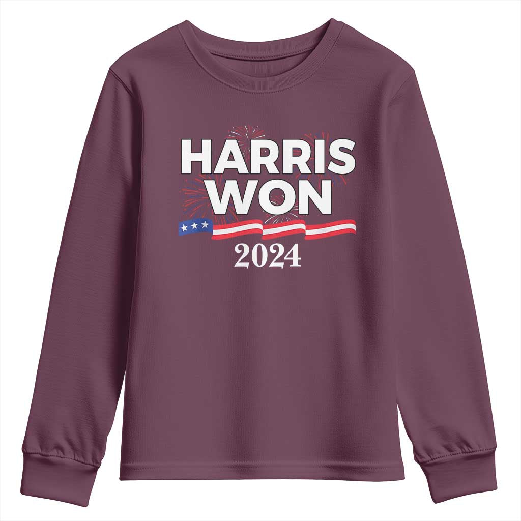 Harris Won 2024 Youth Sweatshirt US President American Firework Patriotic TS09 Maroon Print Your Wear