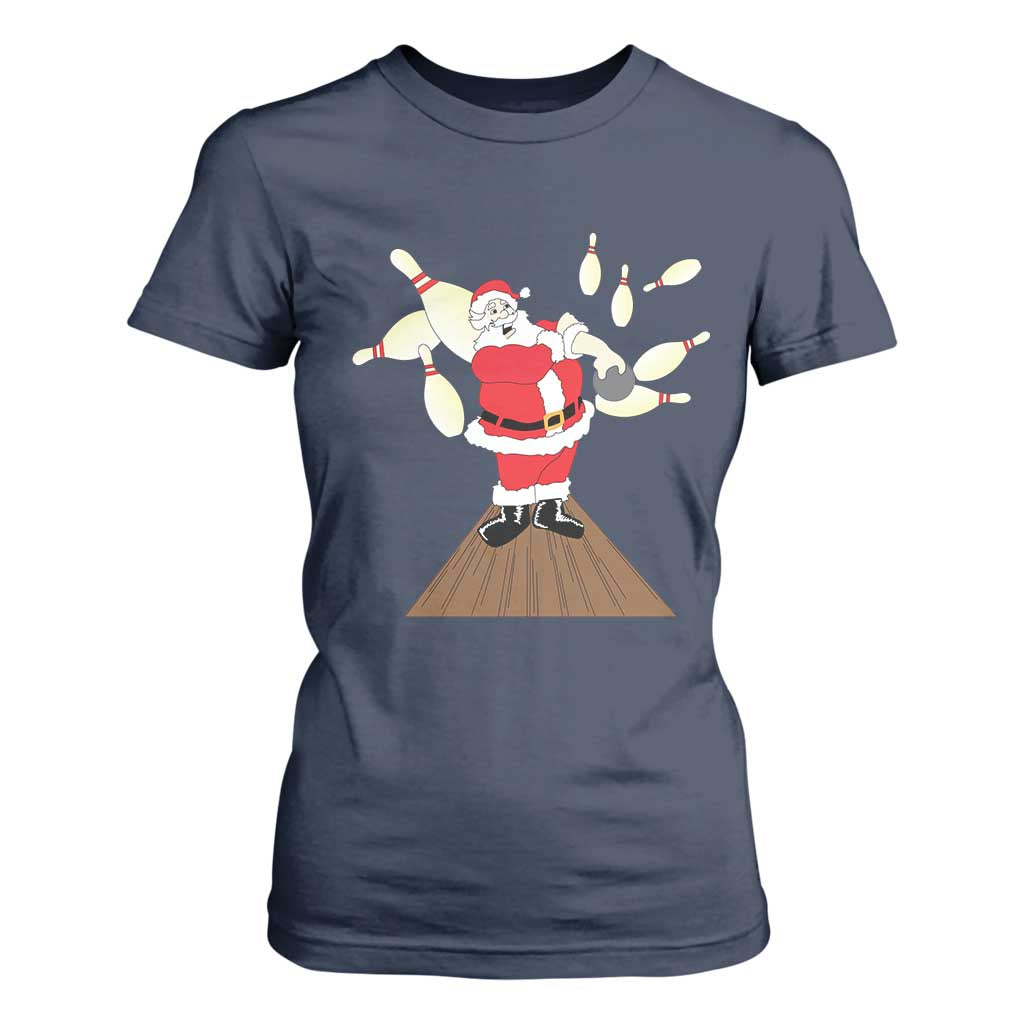 Christmas Bowling T Shirt For Women Funny Santa Playing Bowling Merry Christmas TS09 Navy Print Your Wear