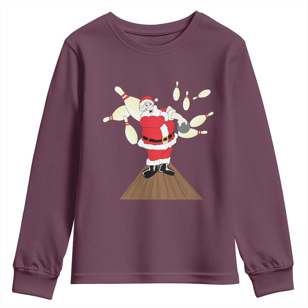 Christmas Bowling Youth Sweatshirt Funny Santa Playing Bowling Merry Christmas TS09 Maroon Print Your Wear
