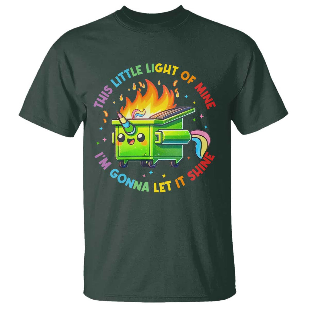 Funny Xmas Dumpster Fire T Shirt This Little Light Of Mine Unicorn Rainbow TS09 Dark Forest Green Print Your Wear