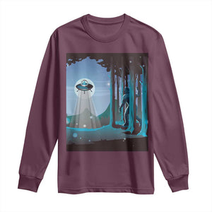 Bigfoot Hiding From Alien UFO Funny Sasquatch Long Sleeve Shirt TS09 Maroon Print Your Wear