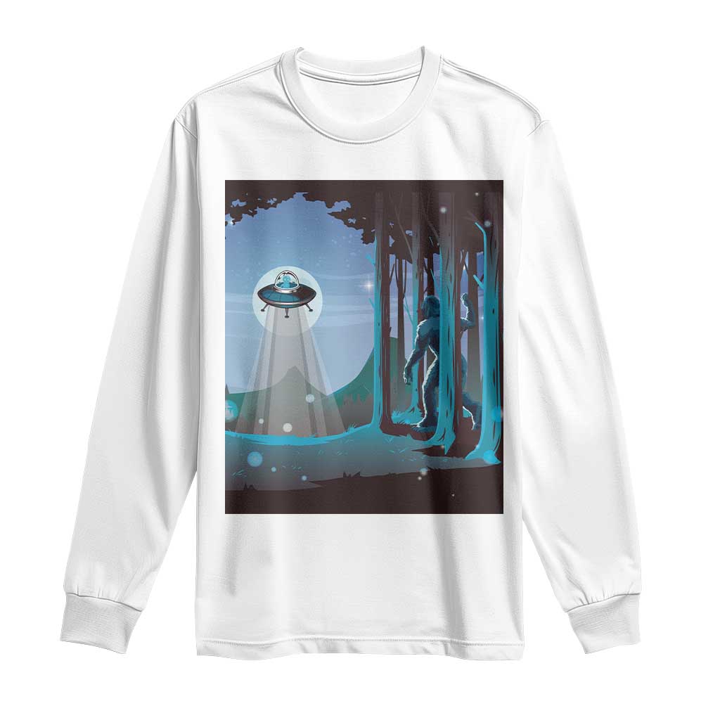 Bigfoot Hiding From Alien UFO Funny Sasquatch Long Sleeve Shirt TS09 White Print Your Wear
