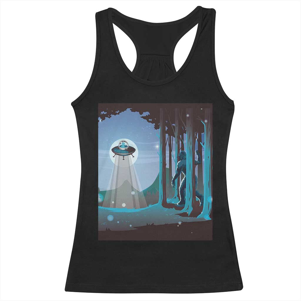 Bigfoot Hiding From Alien UFO Funny Sasquatch Racerback Tank Top TS09 Black Print Your Wear
