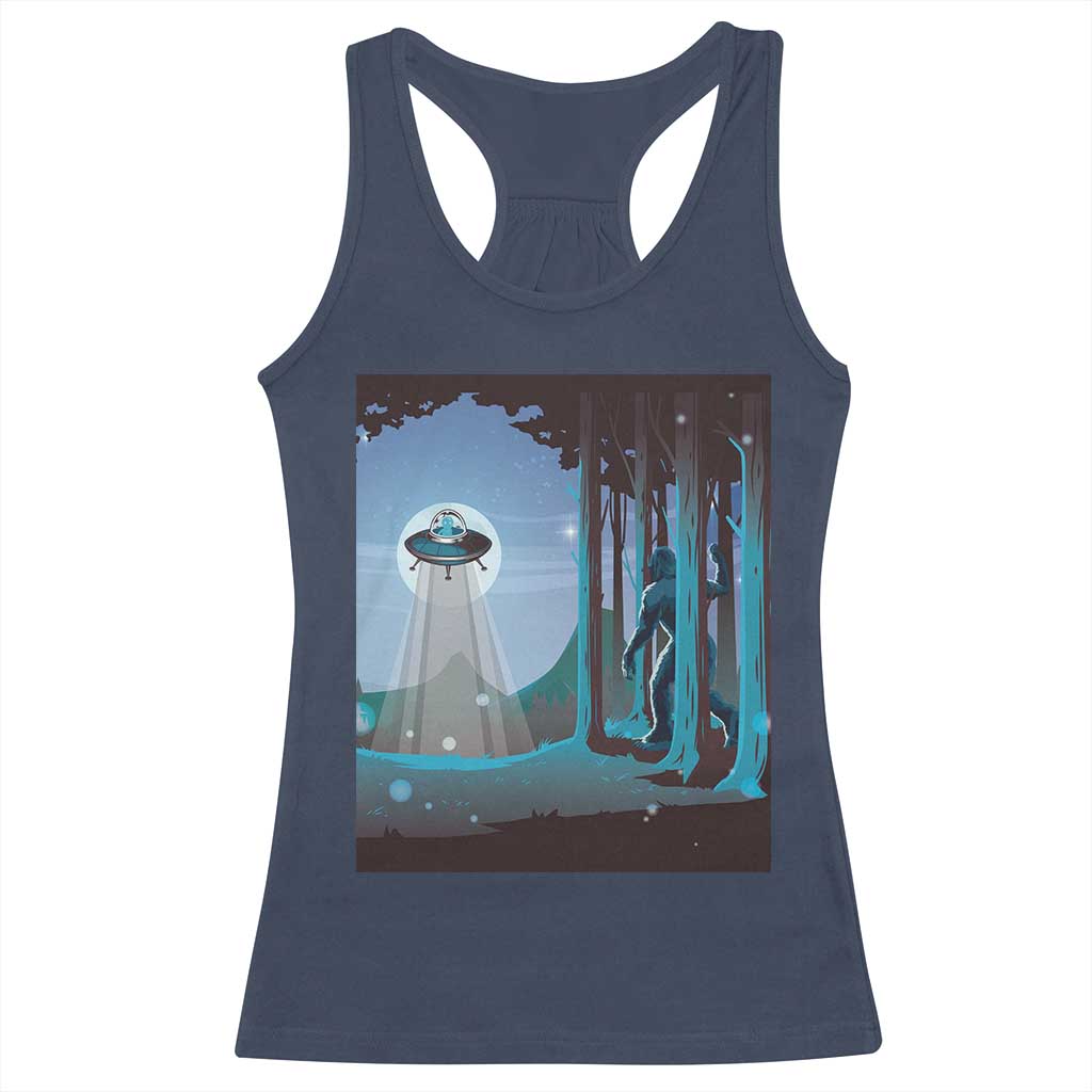 Bigfoot Hiding From Alien UFO Funny Sasquatch Racerback Tank Top TS09 Navy Print Your Wear