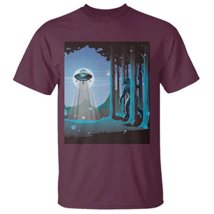 Bigfoot Hiding From Alien UFO Funny Sasquatch T Shirt TS09 Maroon Print Your Wear