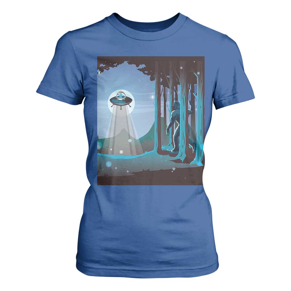 Bigfoot Hiding From Alien UFO Funny Sasquatch T Shirt For Women TS09 Royal Blue Print Your Wear