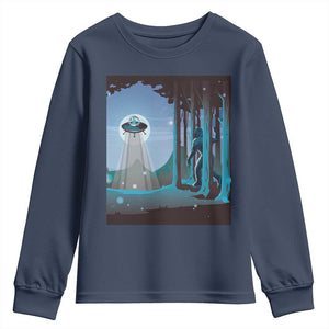 Bigfoot Hiding From Alien UFO Funny Sasquatch Youth Sweatshirt TS09 Navy Print Your Wear