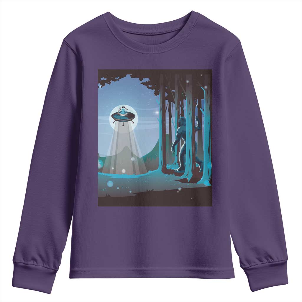 Bigfoot Hiding From Alien UFO Funny Sasquatch Youth Sweatshirt TS09 Purple Print Your Wear