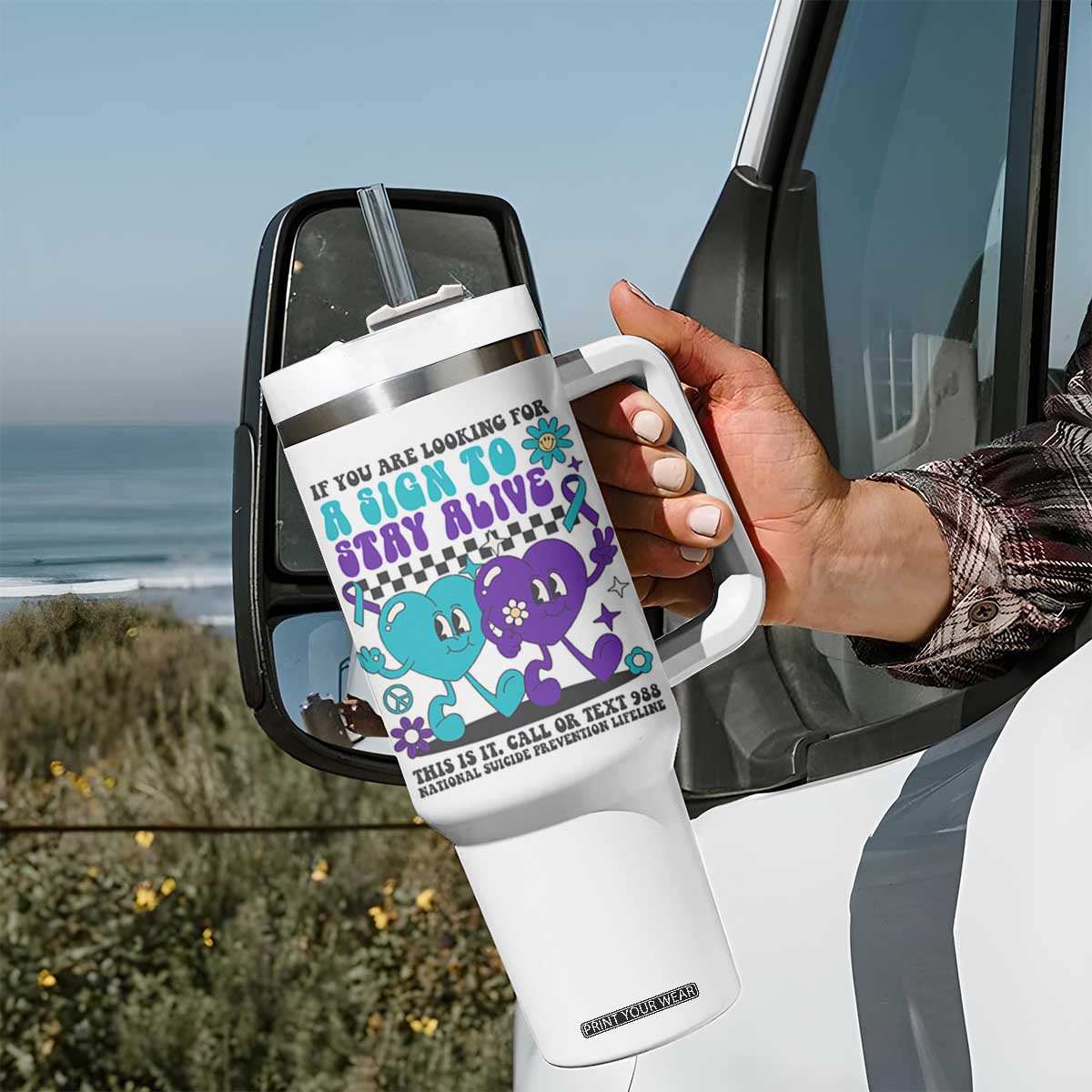 Suicide Prevention Call Or Text 988 Tumbler With Handle If You Are Looking For A Sign To Stay Groovy TS09 Print Your Wear