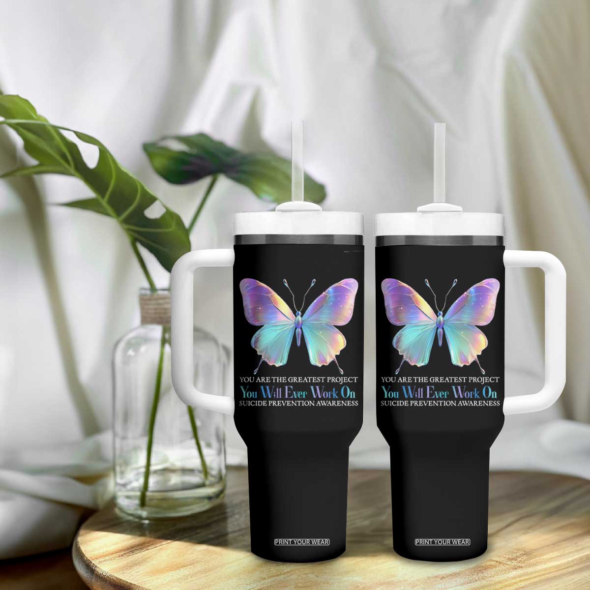 Suicide Prevention Tumbler With Handle You Are The Greatest Project You Will Ever Work On Butterfly TS09 Print Your Wear