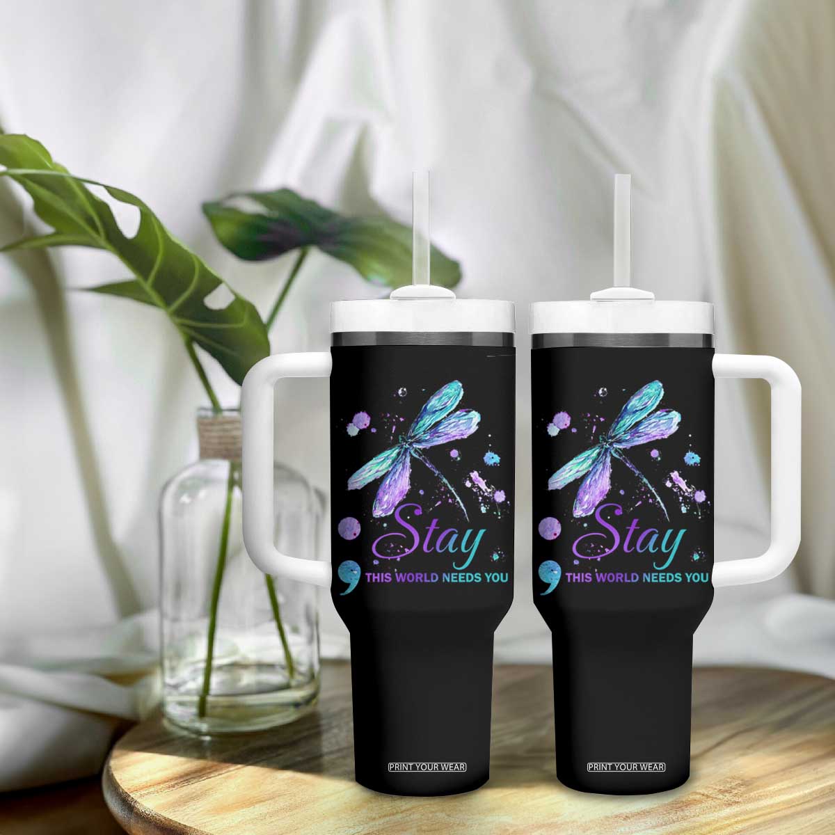 Suicide Prevention Stay Tumbler With Handle This World Needs You Semicolon Dragonflies TS09 Print Your Wear