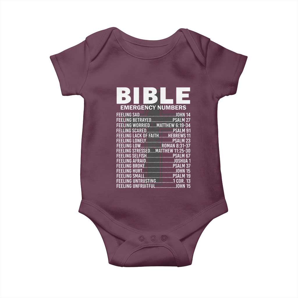 Christian Baby Onesie Bible Emergency Number TS09 Maroon Print Your Wear