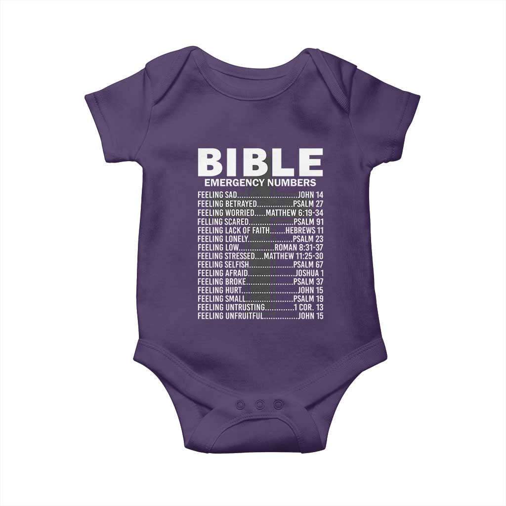Christian Baby Onesie Bible Emergency Number TS09 Purple Print Your Wear