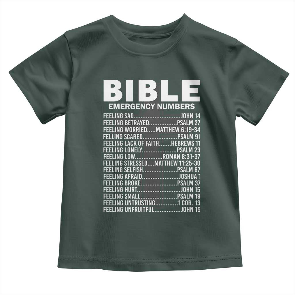 Christian Baby Shirt Bible Emergency Number TS09 Dark Forest Green Print Your Wear