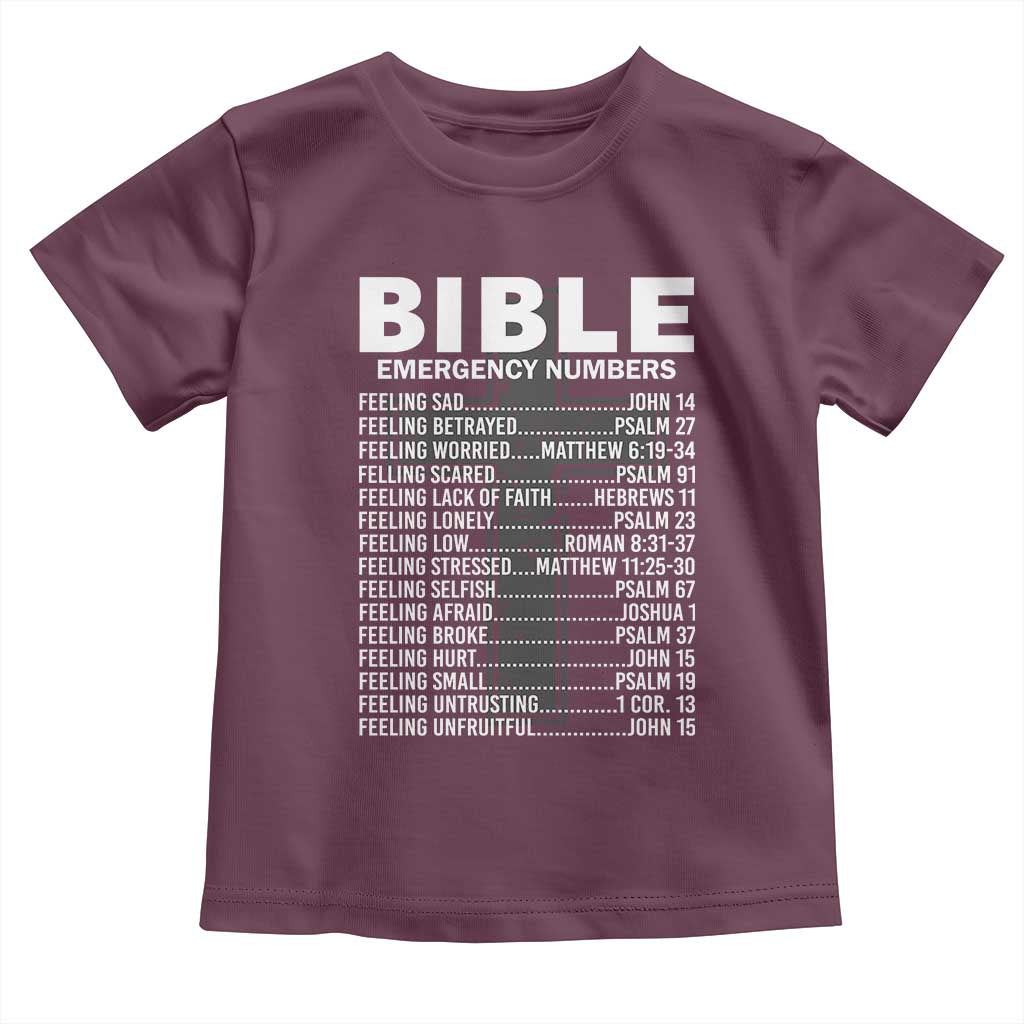 Christian Baby Shirt Bible Emergency Number TS09 Maroon Print Your Wear