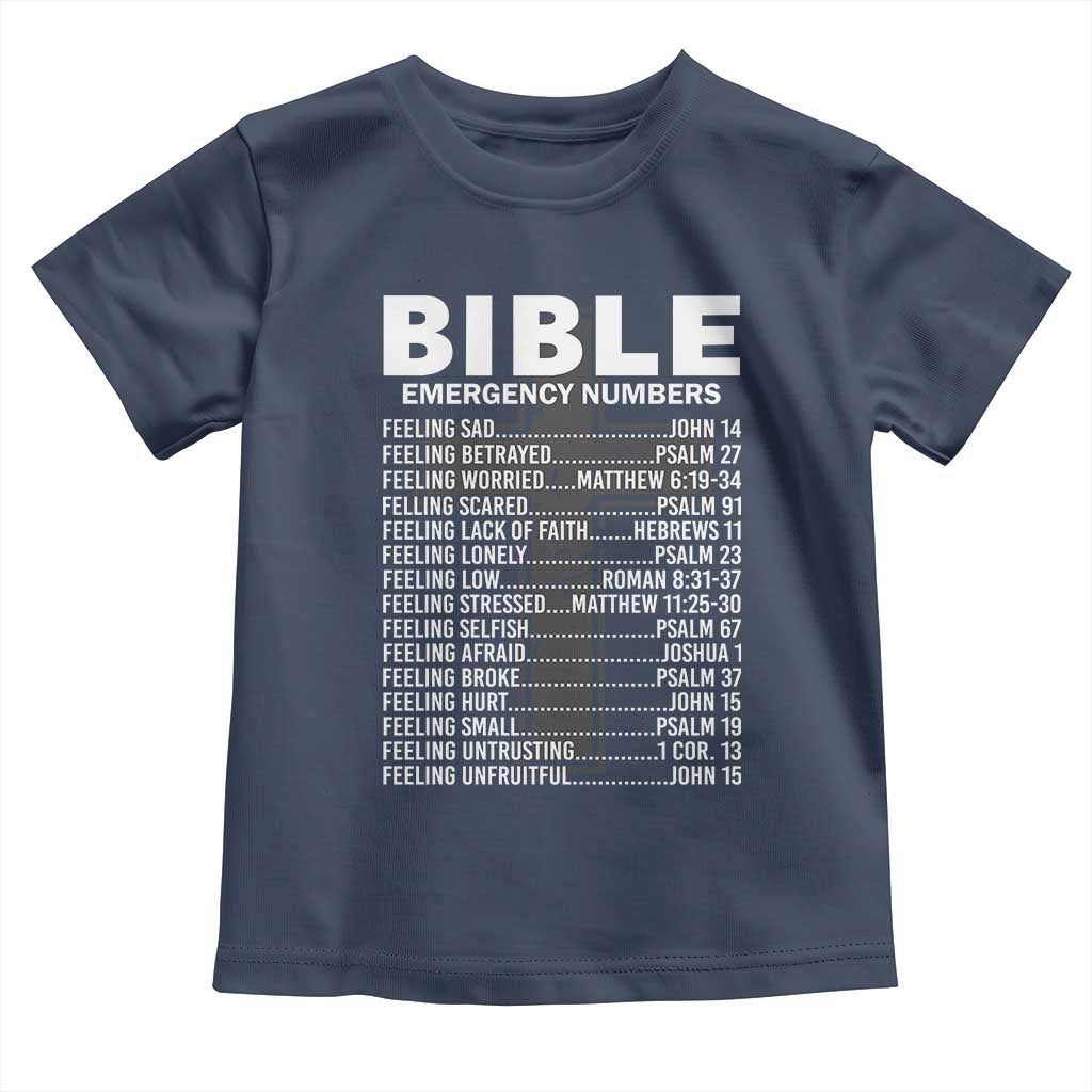 Christian Baby Shirt Bible Emergency Number TS09 Navy Print Your Wear