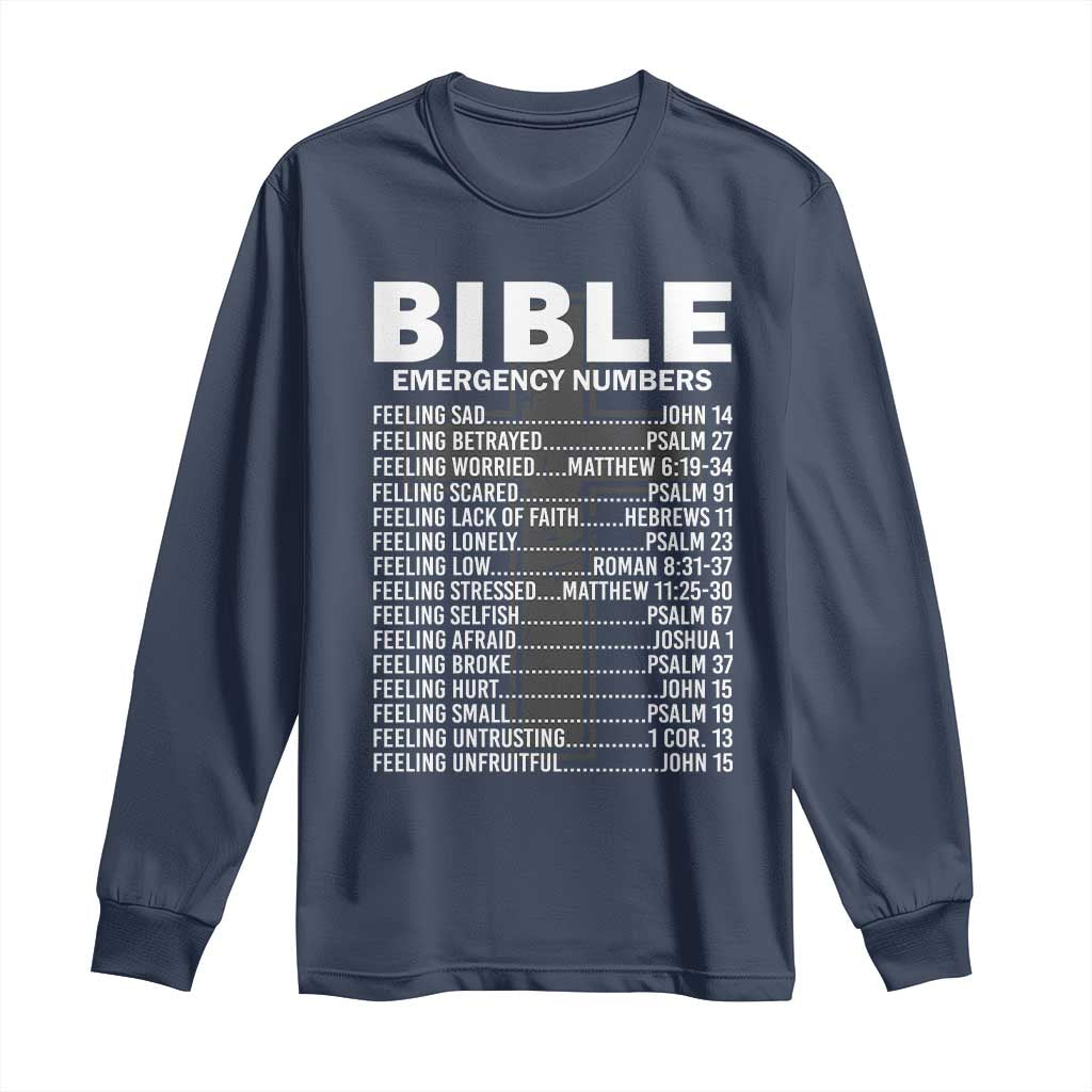 Christian Long Sleeve Shirt Bible Emergency Number TS09 Navy Print Your Wear