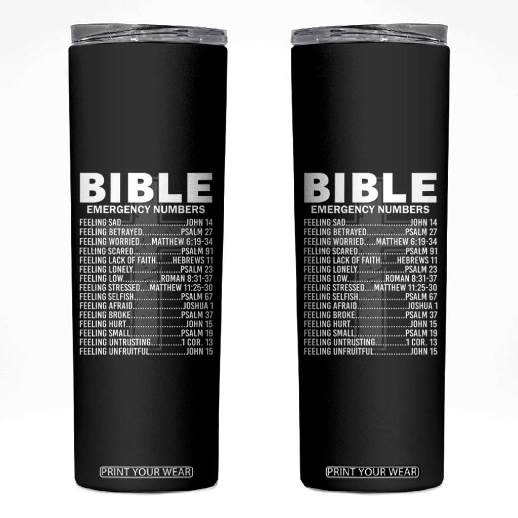 Christian Skinny Tumbler Bible Emergency Number TS09 Black Print Your Wear