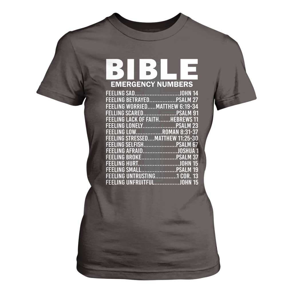 Christian T Shirt For Women Bible Emergency Number TS09 Dark Chocolate Print Your Wear