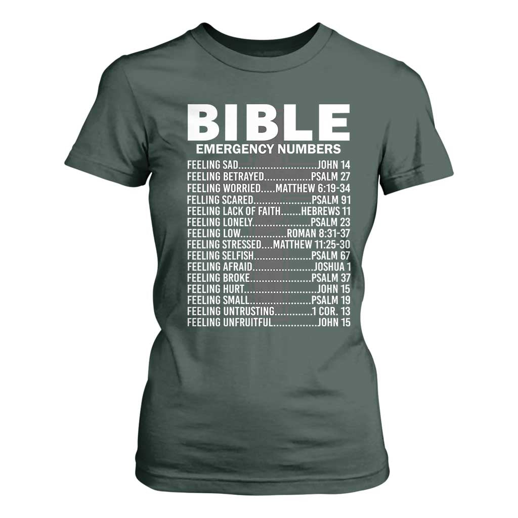 Christian T Shirt For Women Bible Emergency Number TS09 Dark Forest Green Print Your Wear
