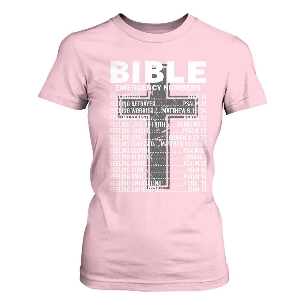 Christian T Shirt For Women Bible Emergency Number TS09 Light Pink Print Your Wear