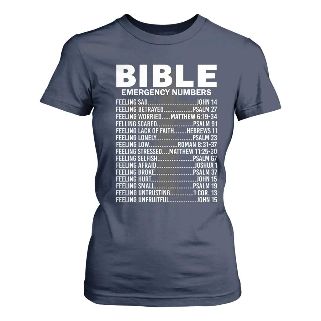 Christian T Shirt For Women Bible Emergency Number TS09 Navy Print Your Wear