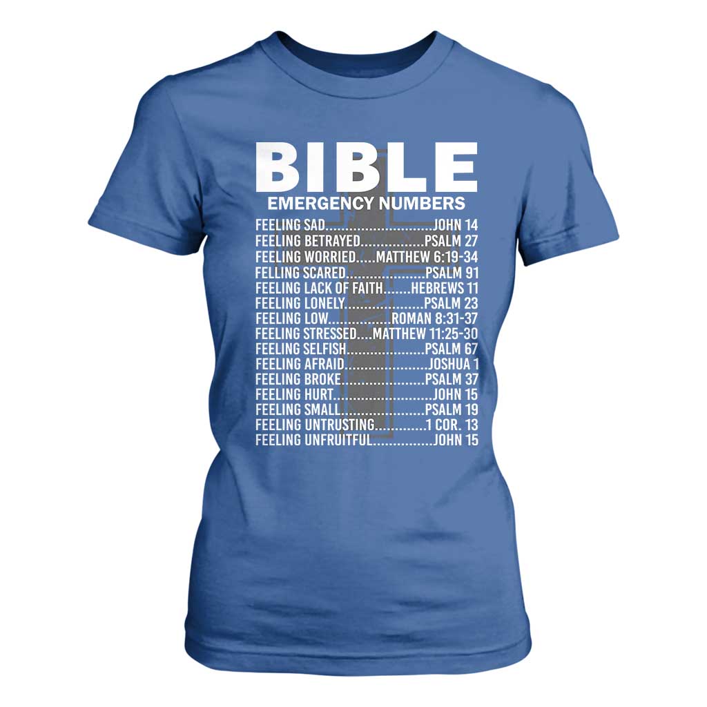 Christian T Shirt For Women Bible Emergency Number TS09 Royal Blue Print Your Wear