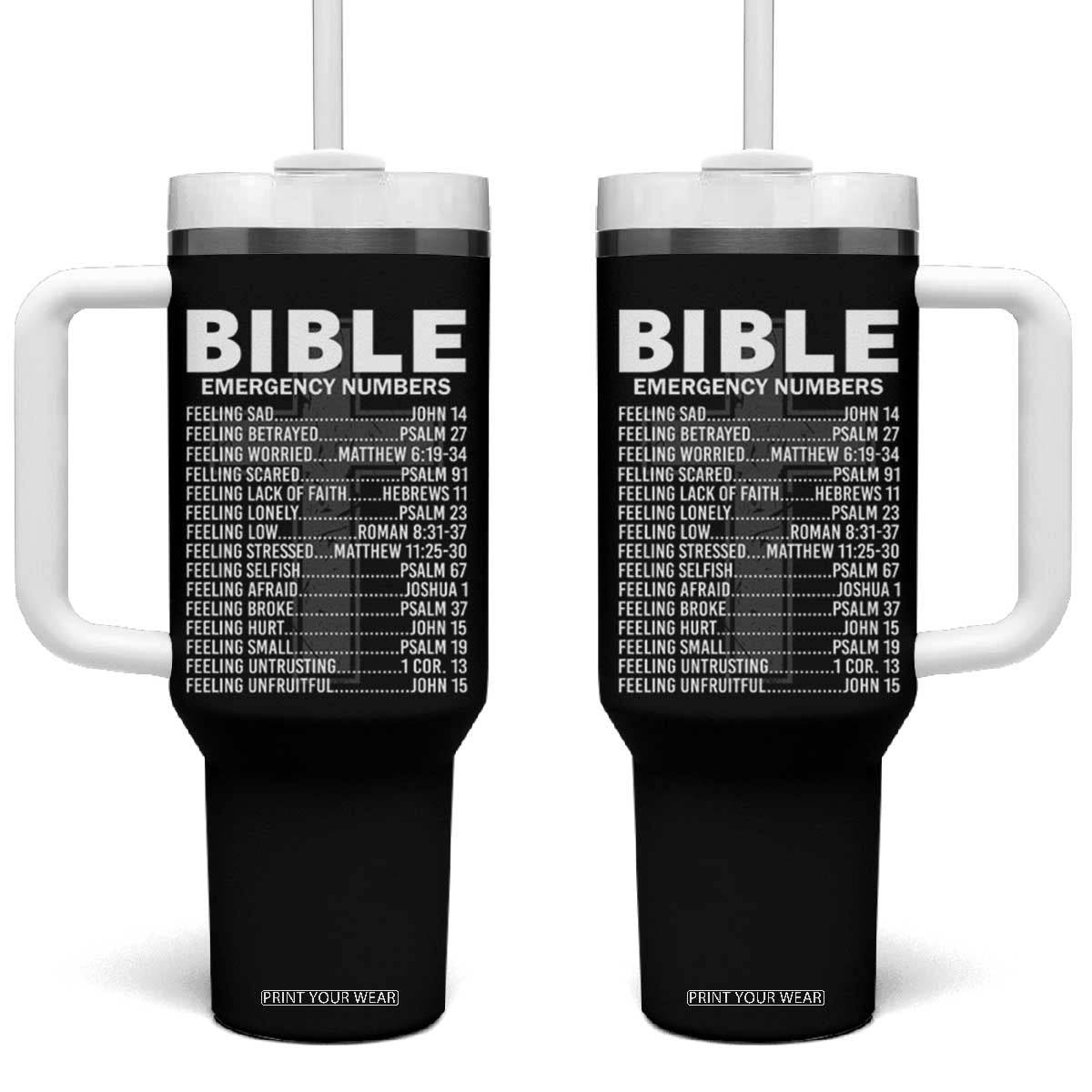 Christian Tumbler With Handle Bible Emergency Number TS09 One Size: 40 oz Black Print Your Wear