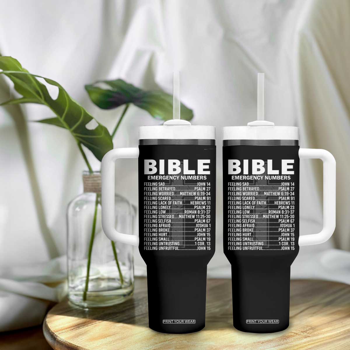 Christian Tumbler With Handle Bible Emergency Number TS09 Print Your Wear