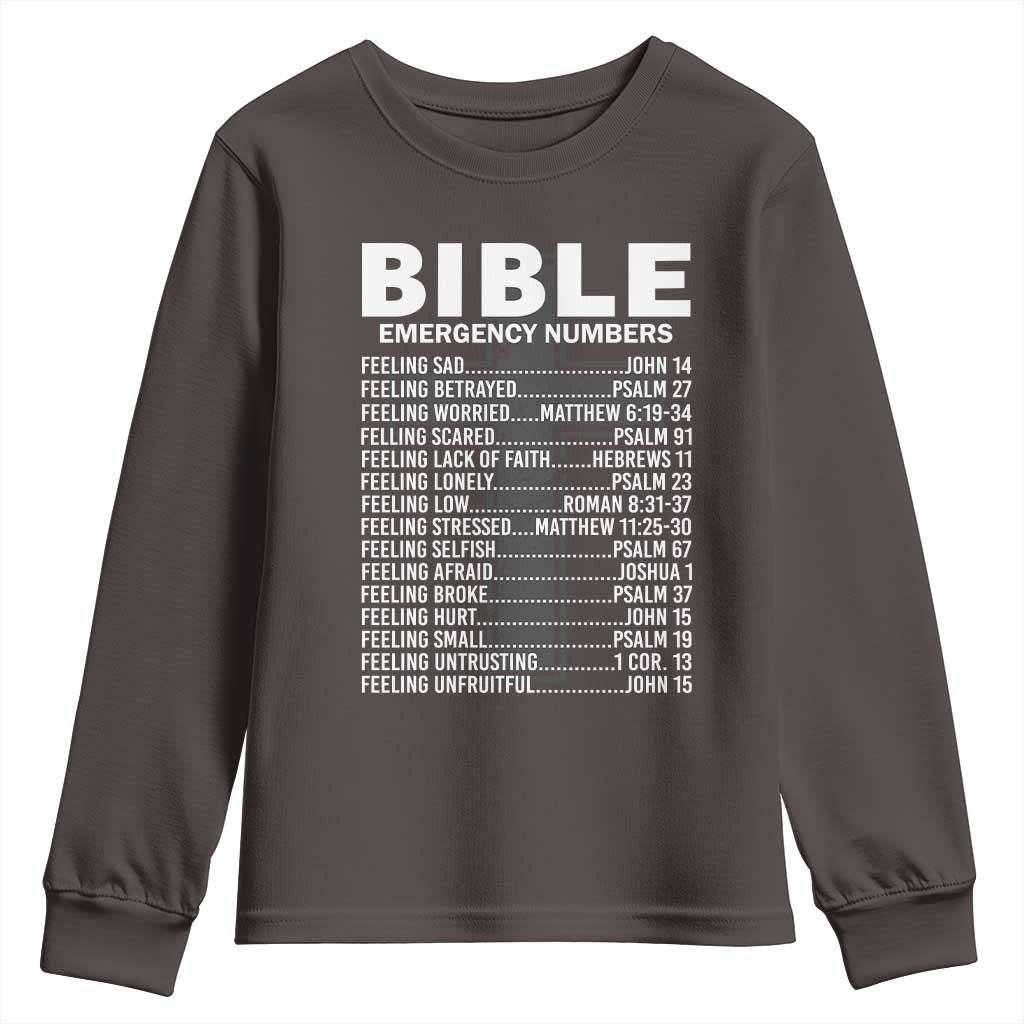 Christian Youth Sweatshirt Bible Emergency Number TS09 Dark Chocolate Print Your Wear