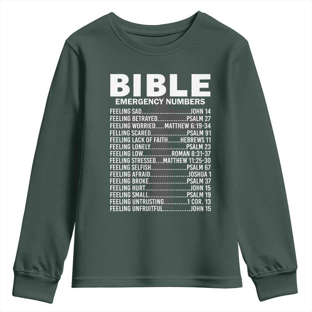 Christian Youth Sweatshirt Bible Emergency Number TS09 Dark Forest Green Print Your Wear