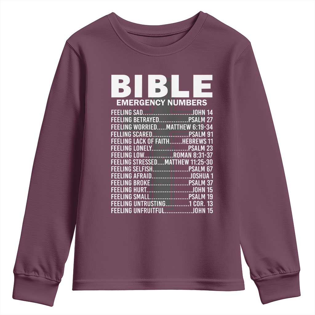 Christian Youth Sweatshirt Bible Emergency Number TS09 Maroon Print Your Wear