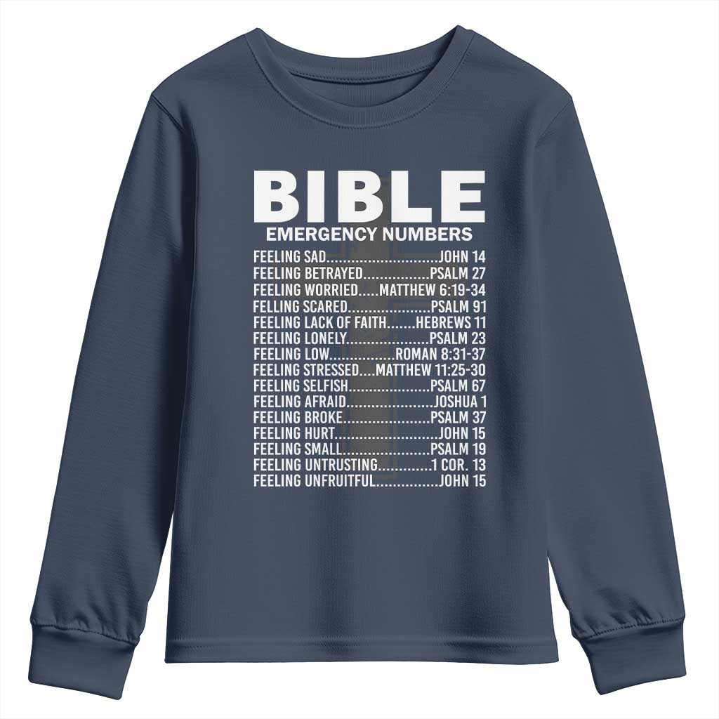 Christian Youth Sweatshirt Bible Emergency Number TS09 Navy Print Your Wear