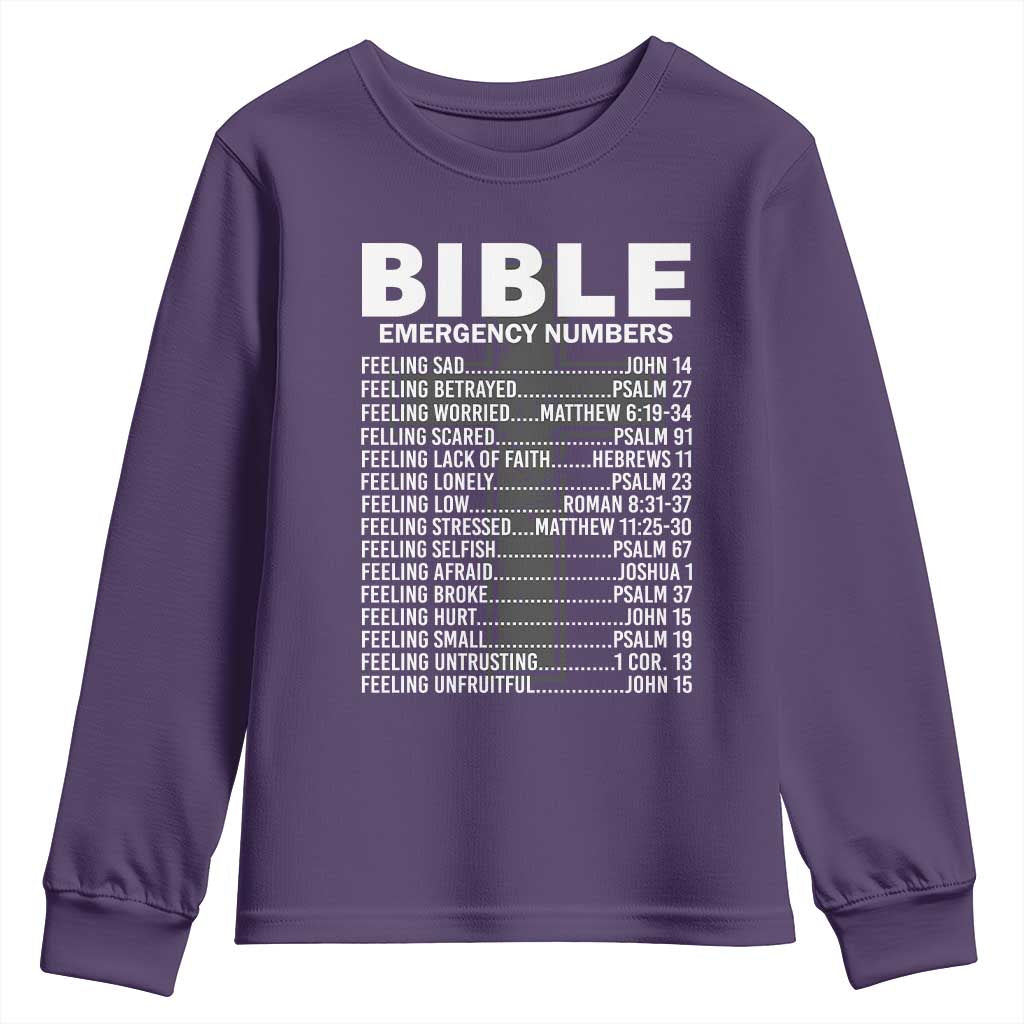 Christian Youth Sweatshirt Bible Emergency Number TS09 Purple Print Your Wear