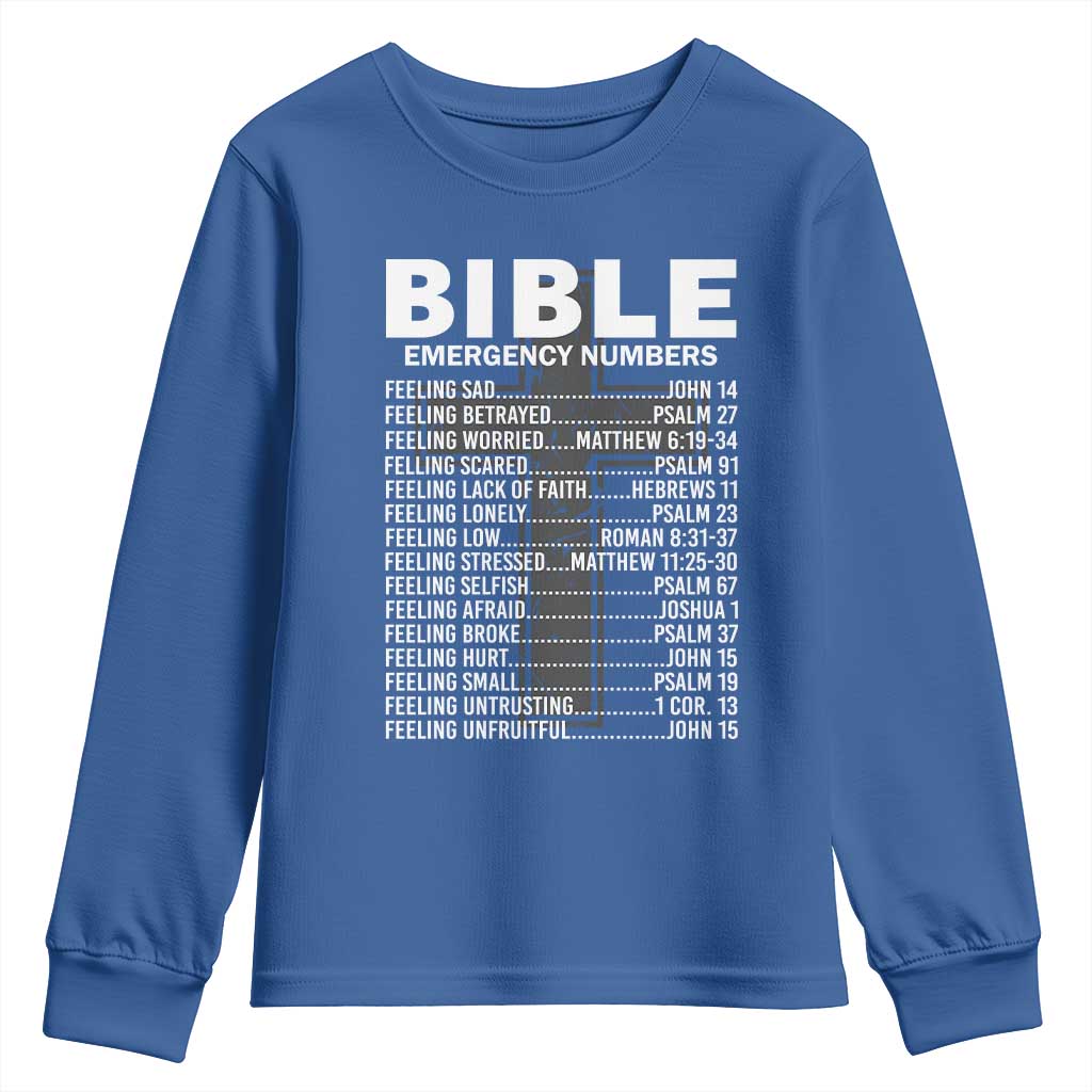 Christian Youth Sweatshirt Bible Emergency Number TS09 Royal Blue Print Your Wear