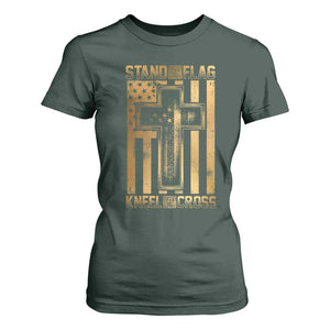 Christian Patriotic T Shirt For Women Stand For The Flag Kneel For The Cross American Christ Cross TS09 Dark Forest Green Print Your Wear